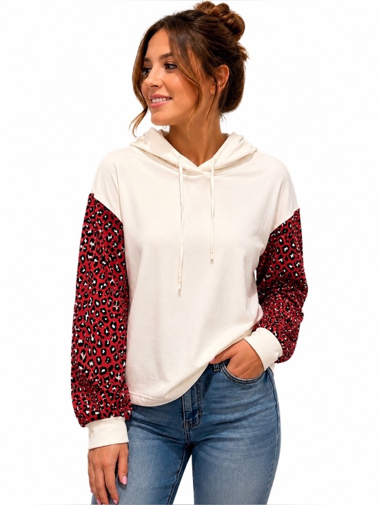 None Tops - Women’s Hooded Pullover with Red Leopard Sleeve Accent